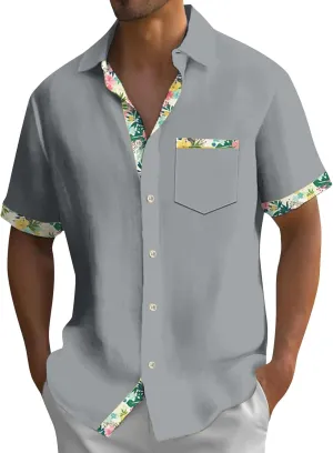 Hawaiian Shirt for Men Button Down Short Sleeve Blouse Stretch V Neck Blouses Summer Beach Aloha Shirts with Pocket