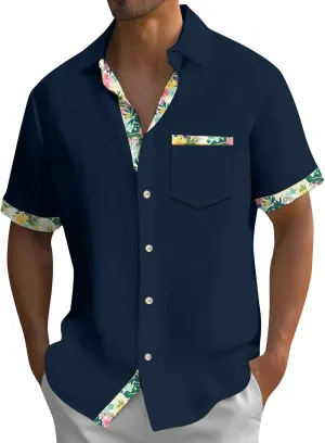 Hawaiian Shirt for Men Button Down Short Sleeve Blouse Stretch V Neck Blouses Summer Beach Aloha Shirts with Pocket