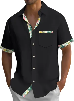 Hawaiian Shirt for Men Button Down Short Sleeve Blouse Stretch V Neck Blouses Summer Beach Aloha Shirts with Pocket