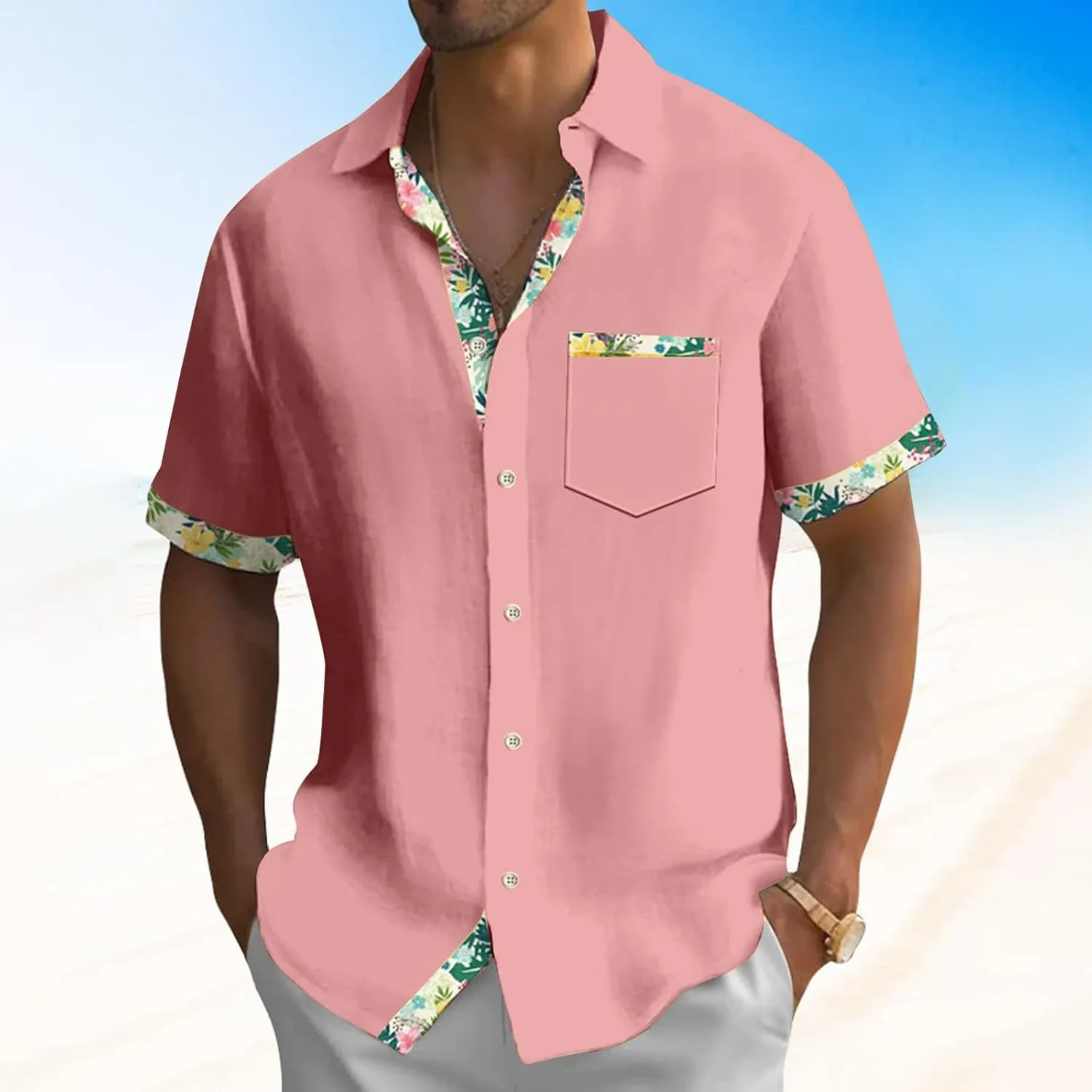 Hawaiian Shirt for Men Button Down Short Sleeve Blouse Stretch V Neck Blouses Summer Beach Aloha Shirts with Pocket