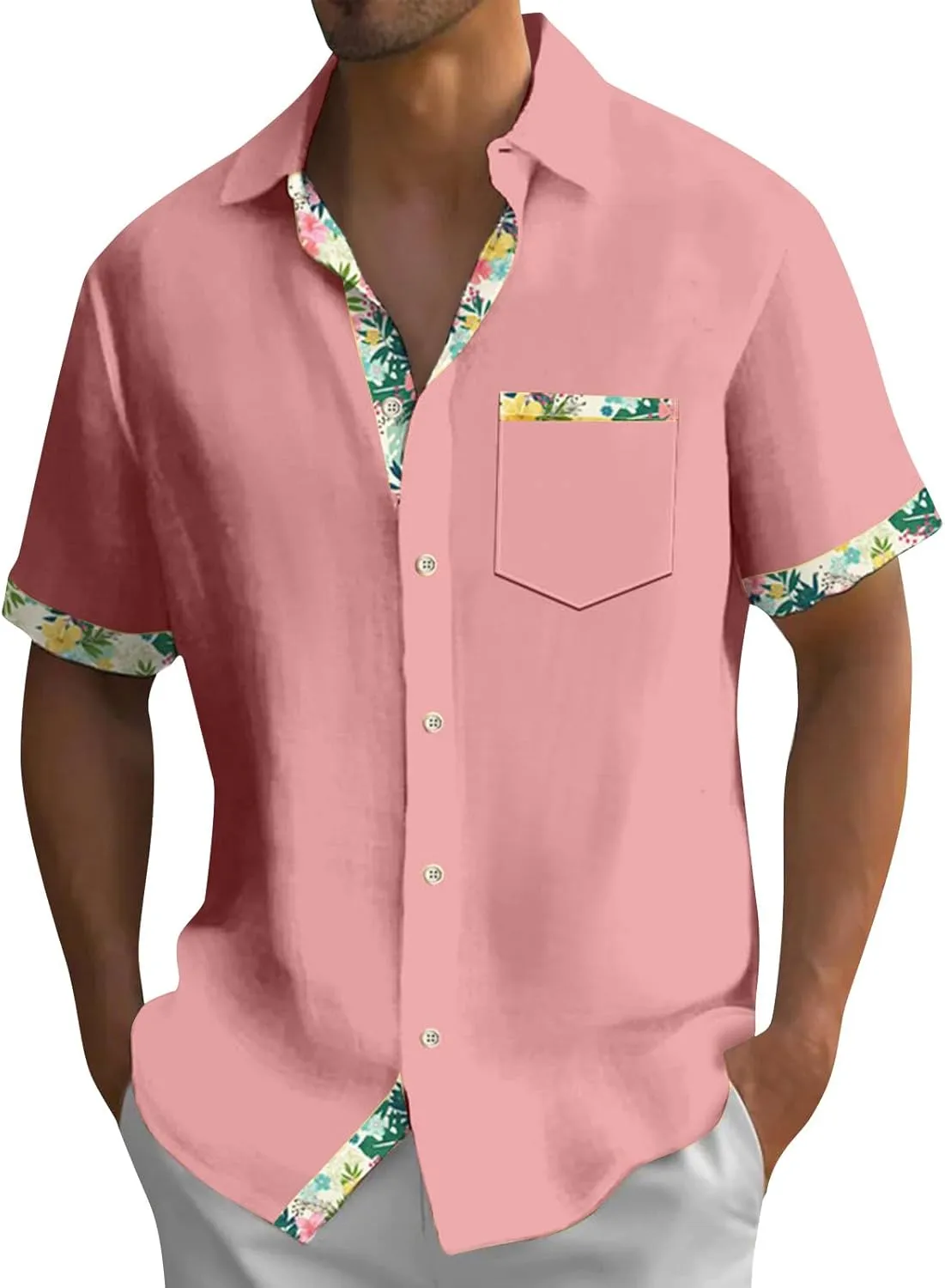 Hawaiian Shirt for Men Button Down Short Sleeve Blouse Stretch V Neck Blouses Summer Beach Aloha Shirts with Pocket