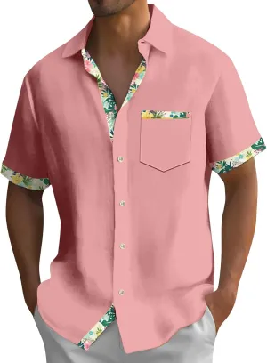 Hawaiian Shirt for Men Button Down Short Sleeve Blouse Stretch V Neck Blouses Summer Beach Aloha Shirts with Pocket