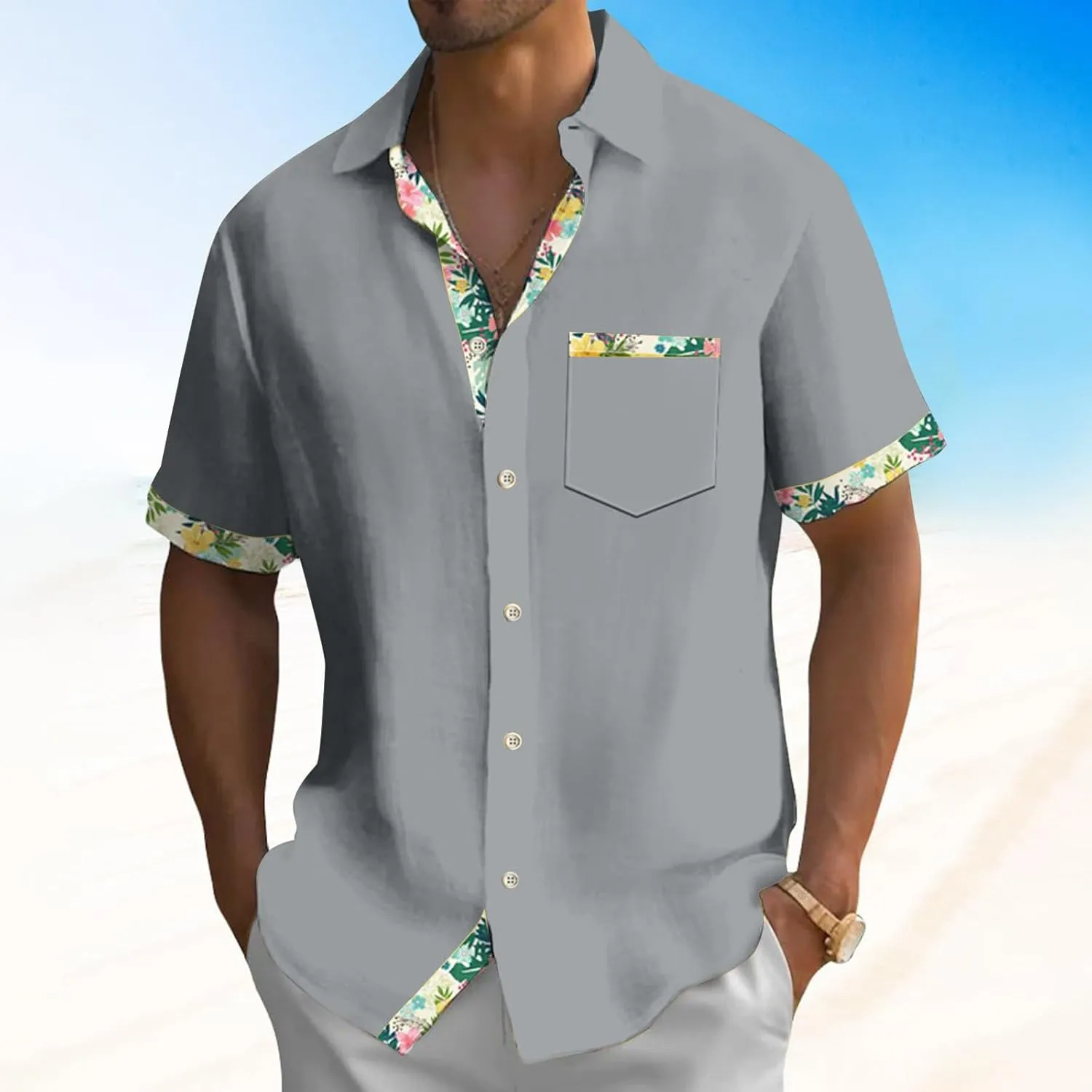 Hawaiian Shirt for Men Button Down Short Sleeve Blouse Stretch V Neck Blouses Summer Beach Aloha Shirts with Pocket