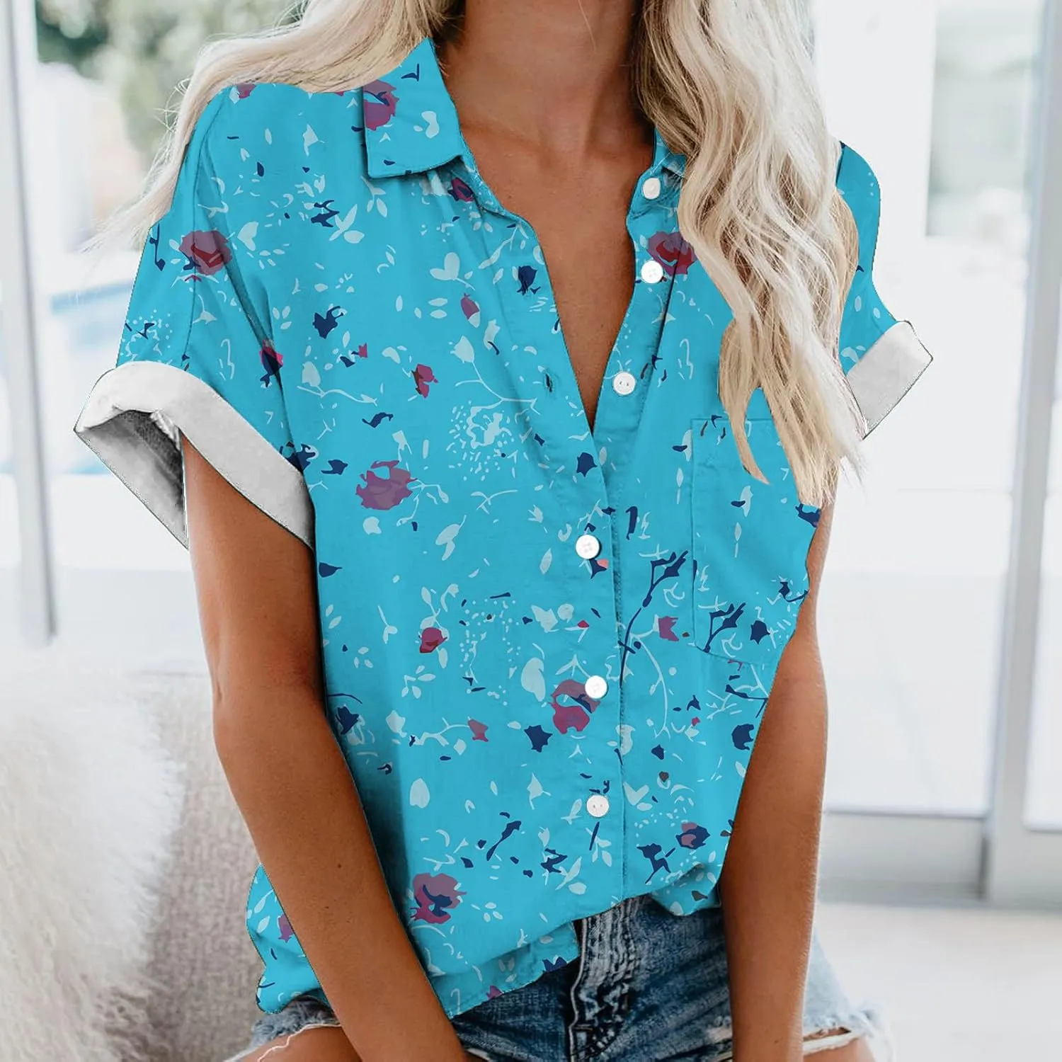 Hawaiian Shirts for Women Button Down Short Sleeve V Neck T Shirts Boho Floral Print Summer Blouses with Pockets