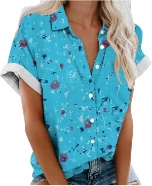 Hawaiian Shirts for Women Button Down Short Sleeve V Neck T Shirts Boho Floral Print Summer Blouses with Pockets
