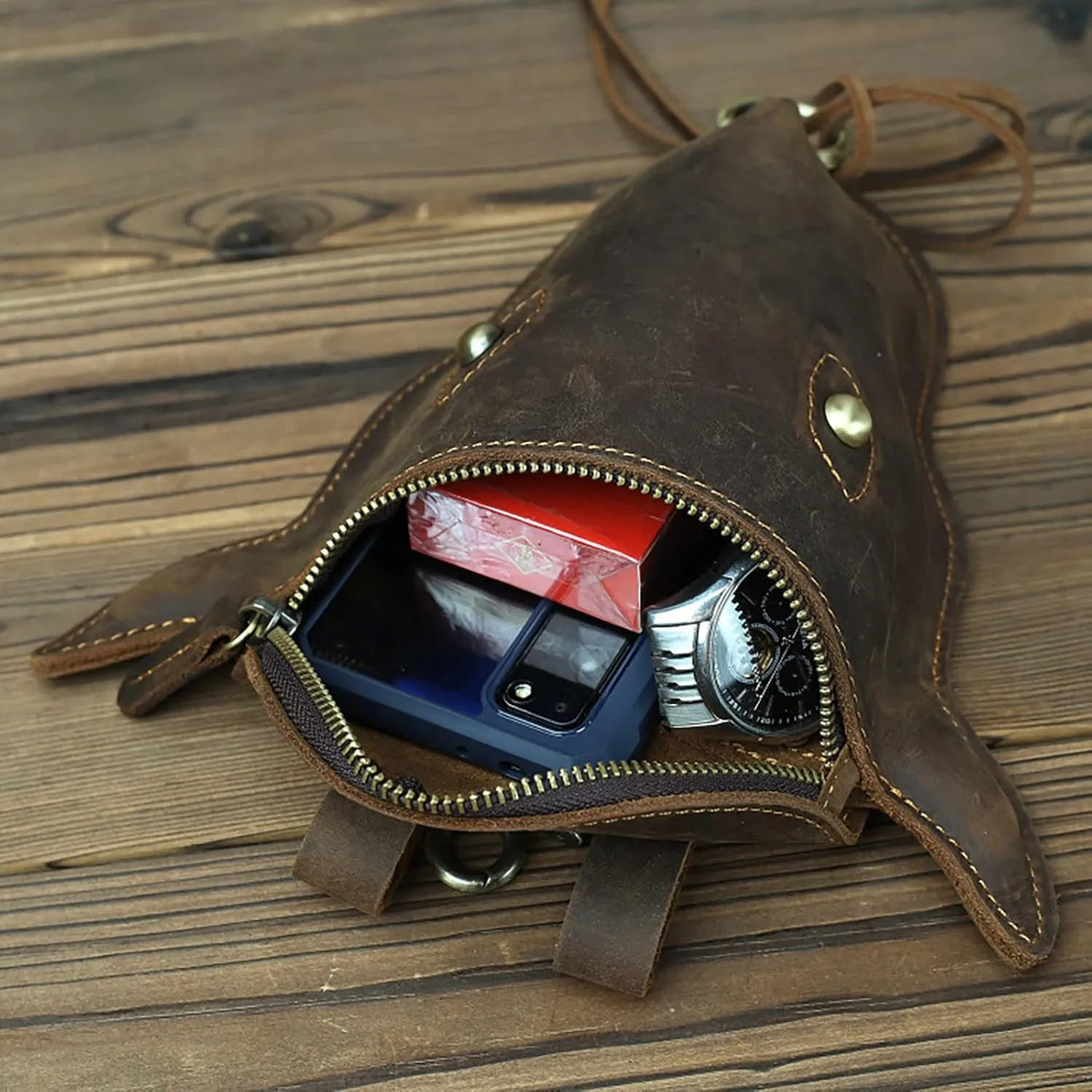 Head Layer Leather Leather Waist Bag Men'S Retro Cool Cow Head Hanging Bag Wear Waist Belt Cell Phone Waist Pack Bags (Bronze, One Size)