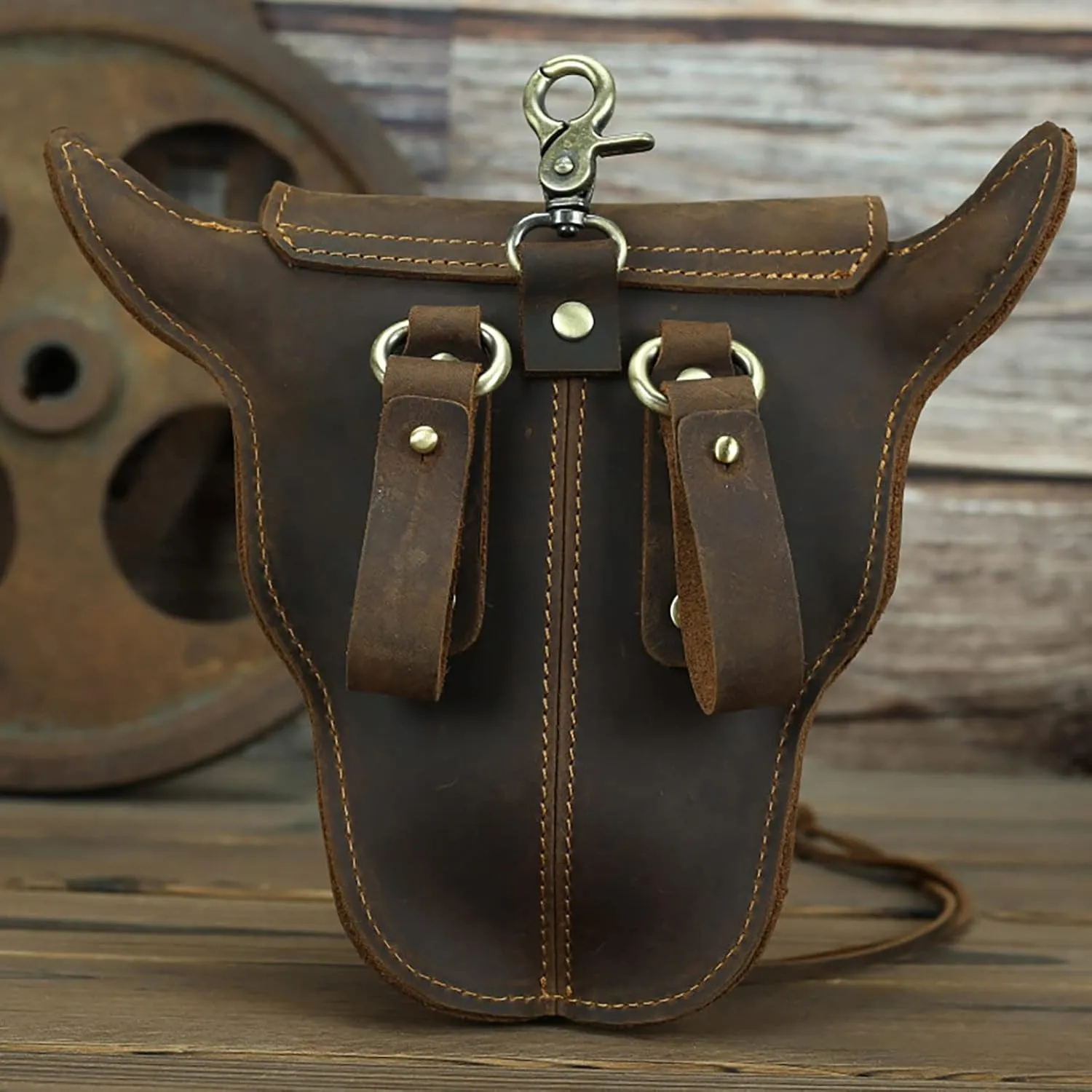 Head Layer Leather Leather Waist Bag Men'S Retro Cool Cow Head Hanging Bag Wear Waist Belt Cell Phone Waist Pack Bags (Coffee, One Size)