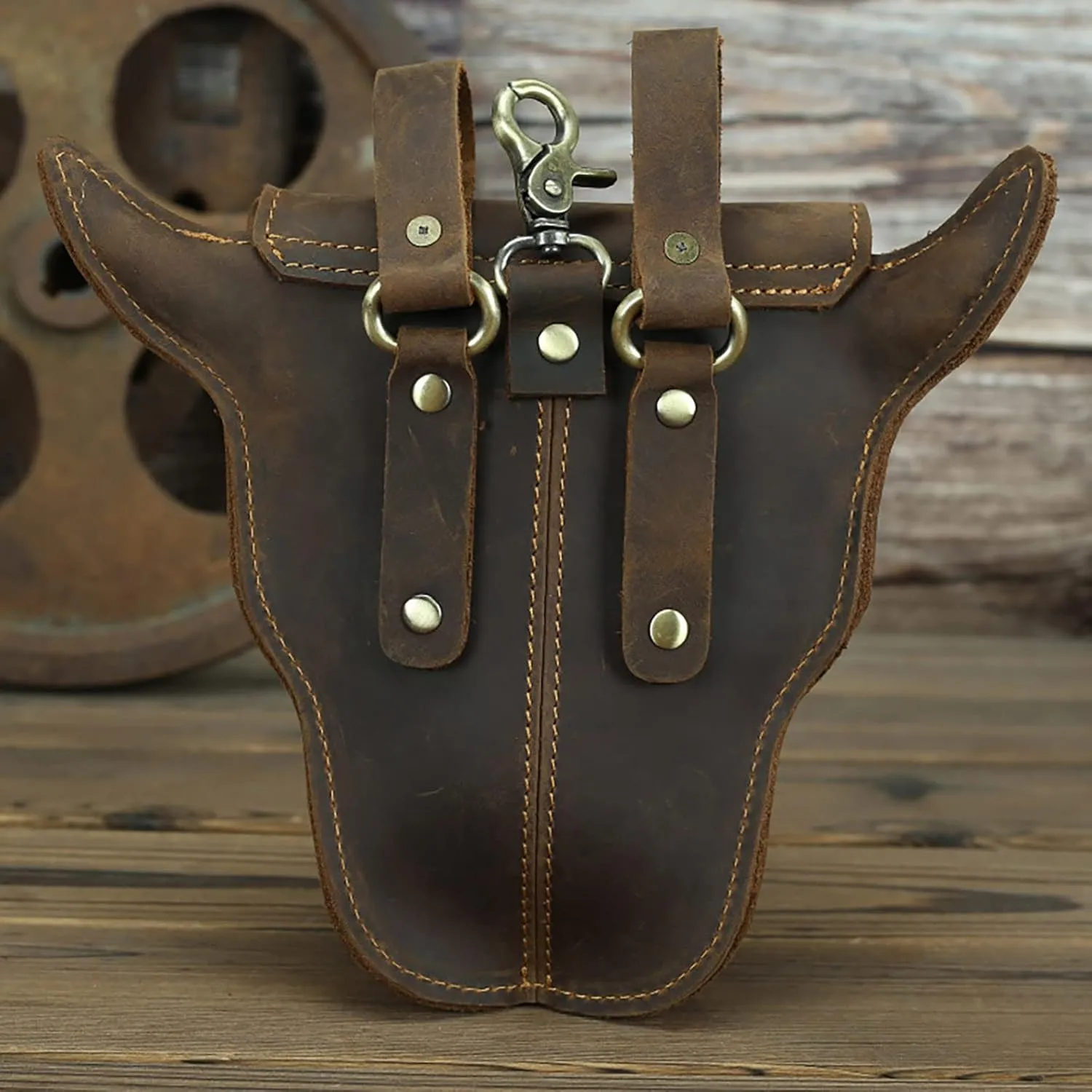 Head Layer Leather Leather Waist Bag Men'S Retro Cool Cow Head Hanging Bag Wear Waist Belt Cell Phone Waist Pack Bags (Coffee, One Size)