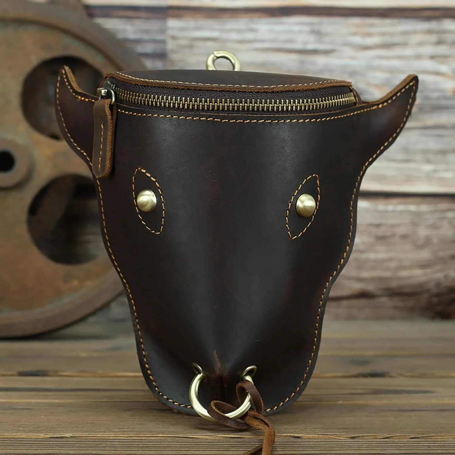 Head Layer Leather Leather Waist Bag Men'S Retro Cool Cow Head Hanging Bag Wear Waist Belt Cell Phone Waist Pack Bags (Coffee, One Size)