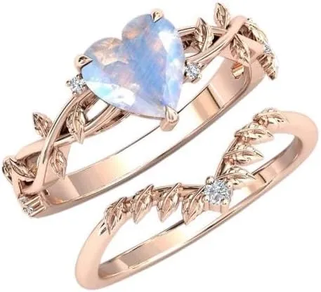 Heart Moonstone Ring with Diamond Accents, Rose Gold Leaf Design, Wedding Band Set