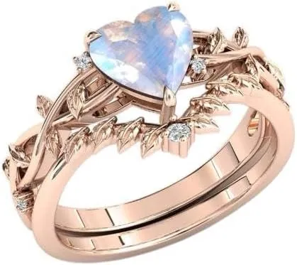 Heart Moonstone Ring with Diamond Accents, Rose Gold Leaf Design, Wedding Band Set