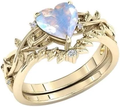Heart Moonstone Ring with Diamond Accents, Rose Gold Leaf Design, Wedding Band Set