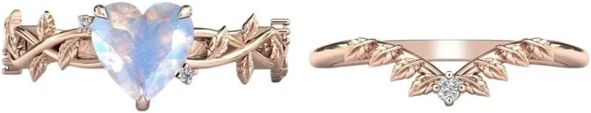 Heart Moonstone Ring with Diamond Accents, Rose Gold Leaf Design, Wedding Band Set