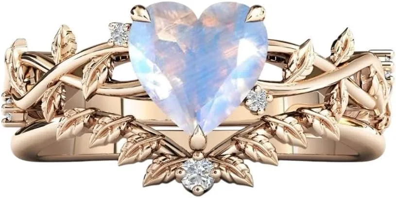Heart Moonstone Ring with Diamond Accents, Rose Gold Leaf Design, Wedding Band Set