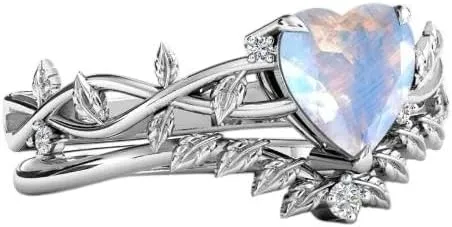 Heart Moonstone Ring with Diamond Accents, Rose Gold Leaf Design, Wedding Band Set