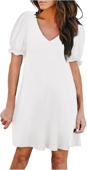 HGps8w Women's 2025 Casual Summer Dresses Cute Ruffle Hem V Neck Short Sleeve Solid Color A-Line Beach Sundress with Pockets