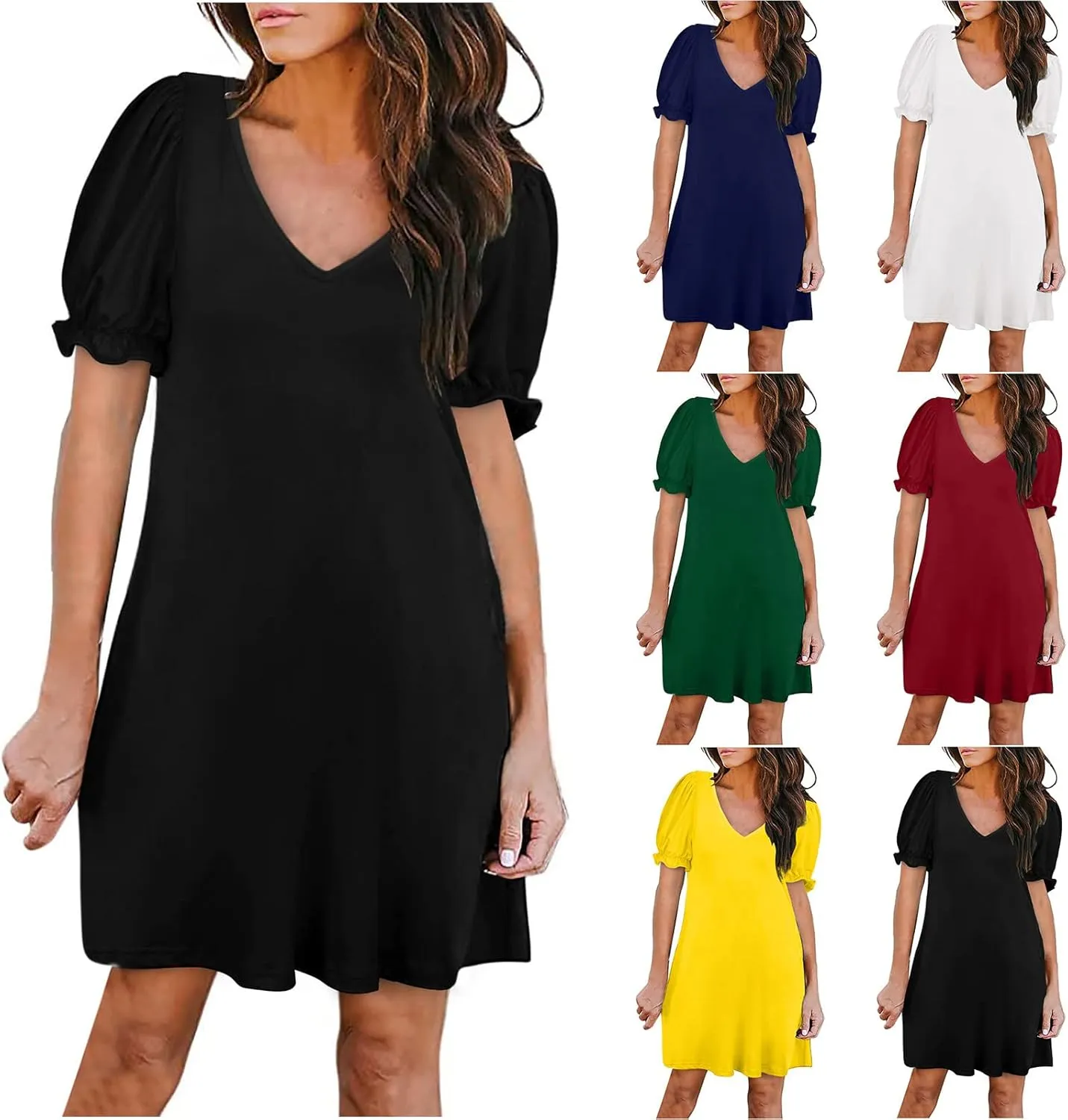 HGps8w Women's 2025 Casual Summer Dresses Cute Ruffle Hem V Neck Short Sleeve Solid Color A-Line Beach Sundress with Pockets