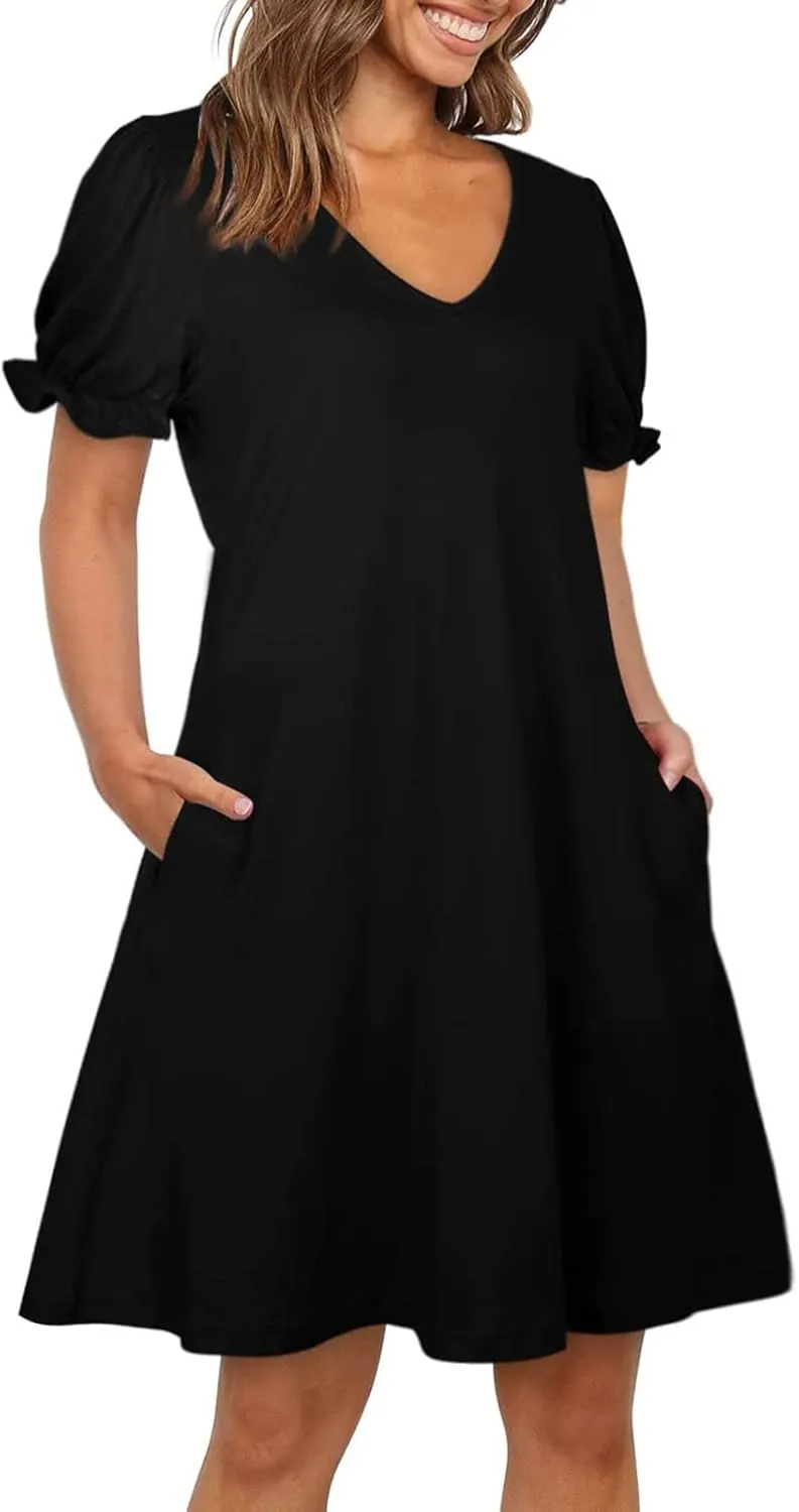 HGps8w Women's 2025 Casual Summer Dresses Cute Ruffle Hem V Neck Short Sleeve Solid Color A-Line Beach Sundress with Pockets