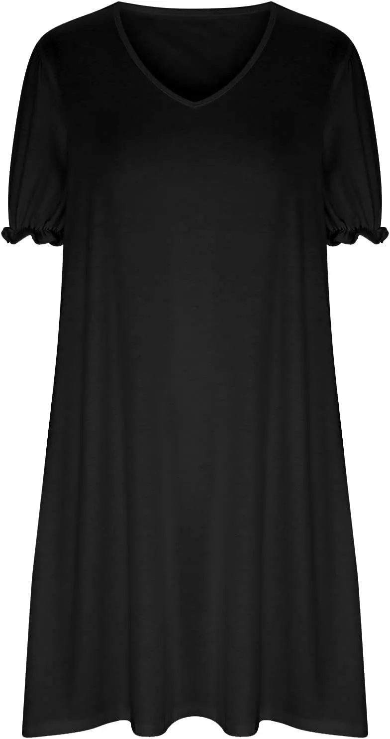 HGps8w Women's 2025 Casual Summer Dresses Cute Ruffle Hem V Neck Short Sleeve Solid Color A-Line Beach Sundress with Pockets