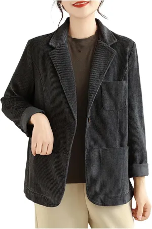 HGps8w Women's Vintage Business Casual Corduroy Blazers Loose Fit Lapel Long Sleeve Work Office Suit Jackets with Pockets