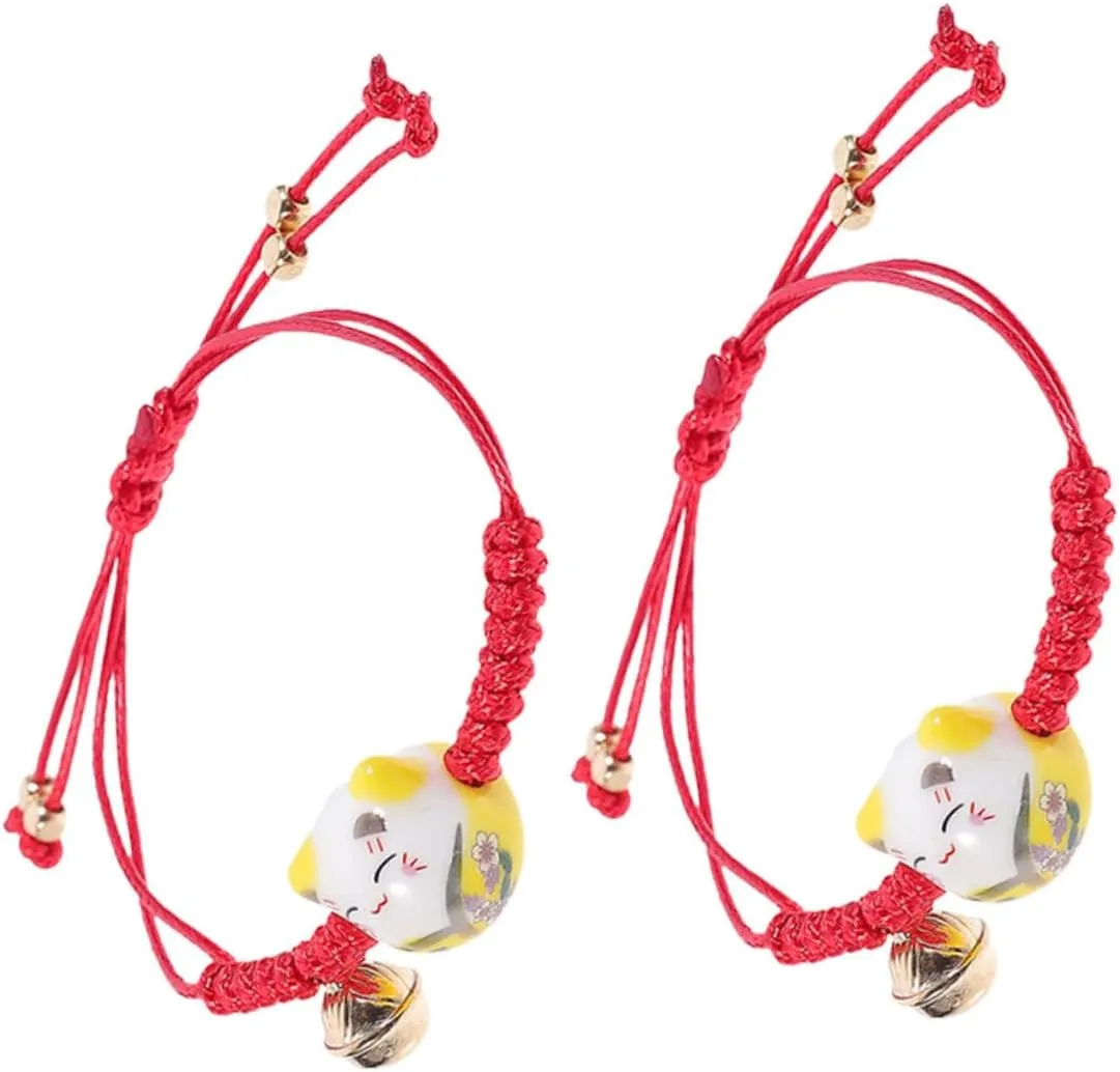 Homoyoyo 2pcs Adjustable Cute Luck Cat Charm Bracelet Protection Hand Chain with Bell Friendship Love Symbol for Students and Couples Fashionable Weaving Experience