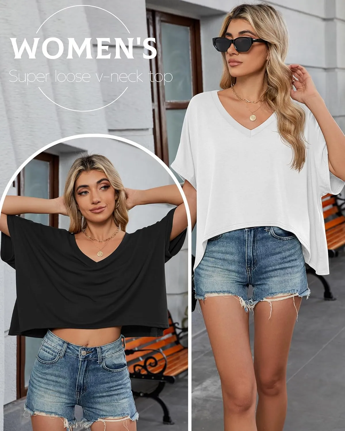 Huukeay 3 Pack Oversized T Shirts for Women Short Sleeve Crop Tops V Neck Irregular Hem Baggy Cropped Tees