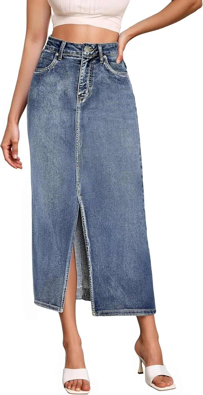 Hybrid & Company Women's Long Denim Skirt  Stretch Jean Skirt for Office and Casual Wear