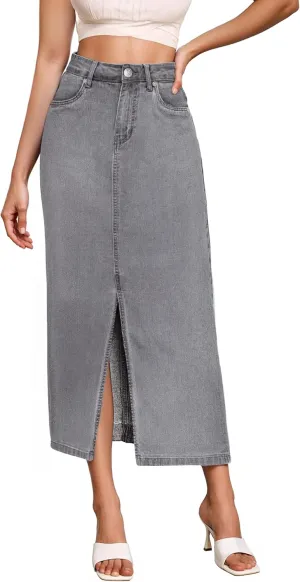 Hybrid & Company Women's Long Denim Skirt  Stretch Jean Skirt for Office and Casual Wear