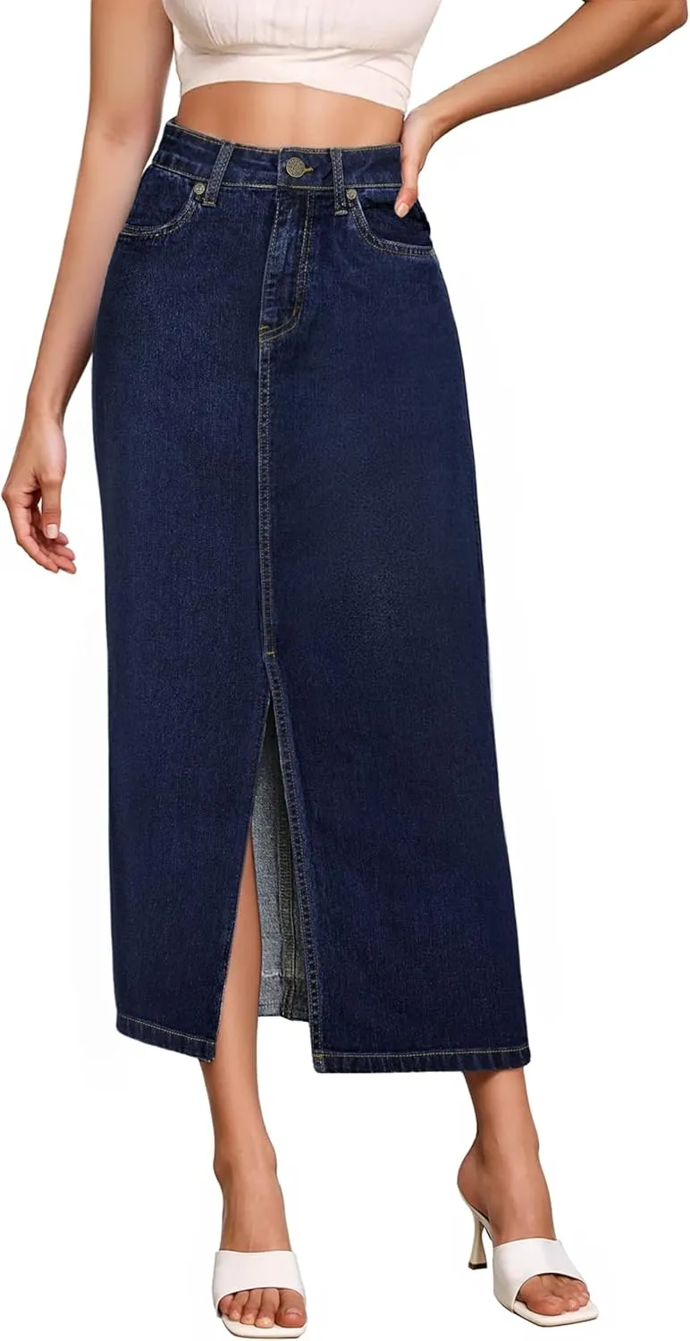 Hybrid & Company Women's Long Denim Skirt  Stretch Jean Skirt for Office and Casual Wear