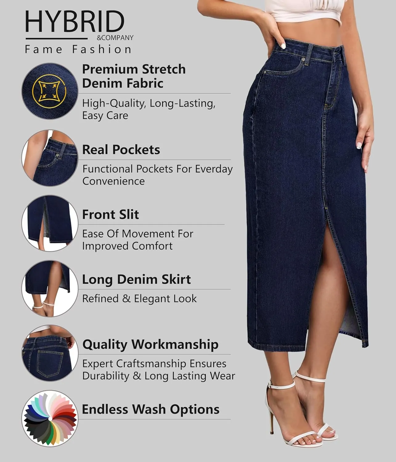 Hybrid & Company Women's Long Denim Skirt  Stretch Jean Skirt for Office and Casual Wear