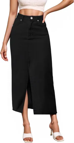 Hybrid & Company Women's Long Denim Skirt  Stretch Jean Skirt for Office and Casual Wear