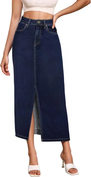 Hybrid & Company Women's Long Denim Skirt  Stretch Jean Skirt for Office and Casual Wear