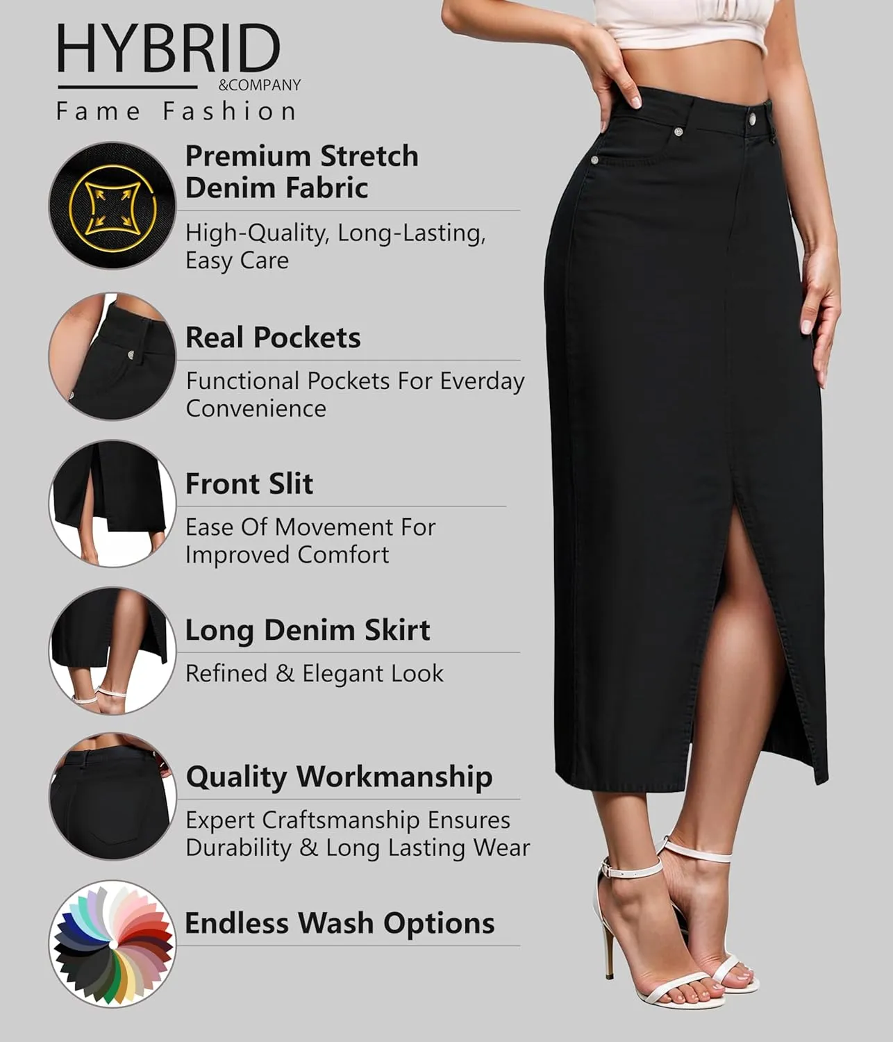 Hybrid & Company Women's Long Denim Skirt  Stretch Jean Skirt for Office and Casual Wear
