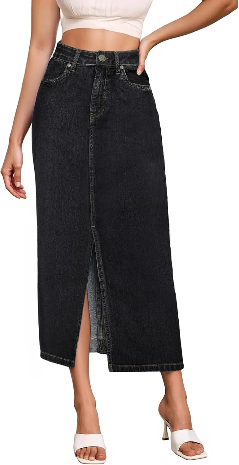 Hybrid & Company Women's Long Denim Skirt  Stretch Jean Skirt for Office and Casual Wear
