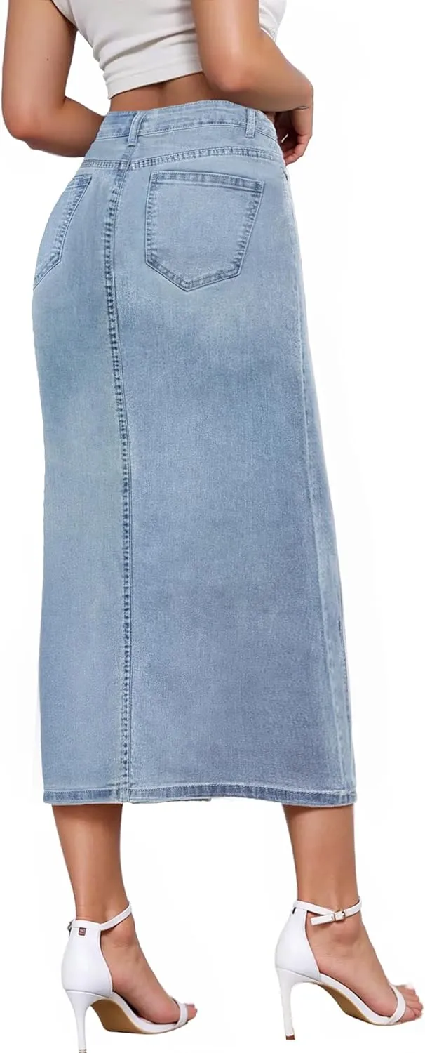 Hybrid & Company Women's Long Denim Skirt  Stretch Jean Skirt for Office and Casual Wear