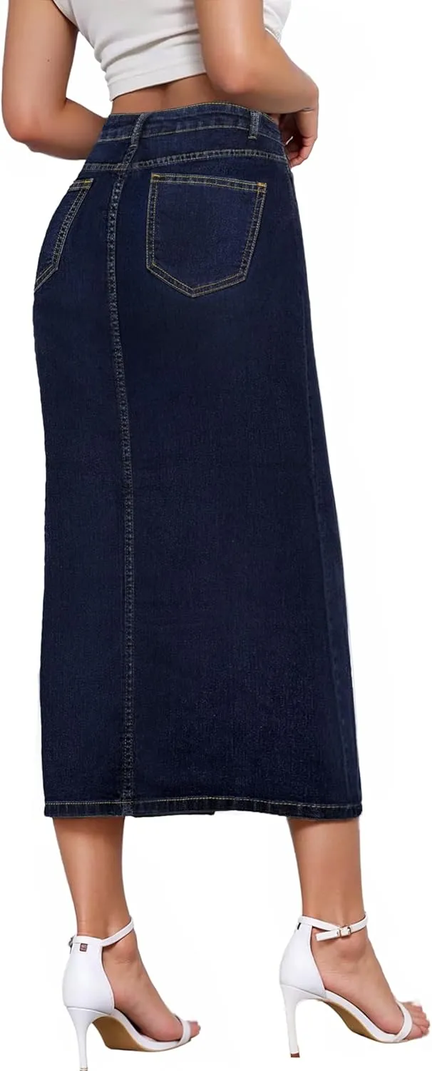 Hybrid & Company Women's Long Denim Skirt  Stretch Jean Skirt for Office and Casual Wear