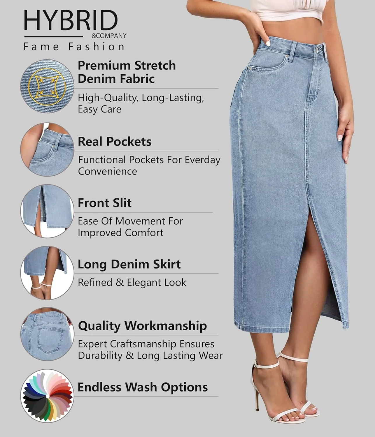 Hybrid & Company Women's Long Denim Skirt  Stretch Jean Skirt for Office and Casual Wear