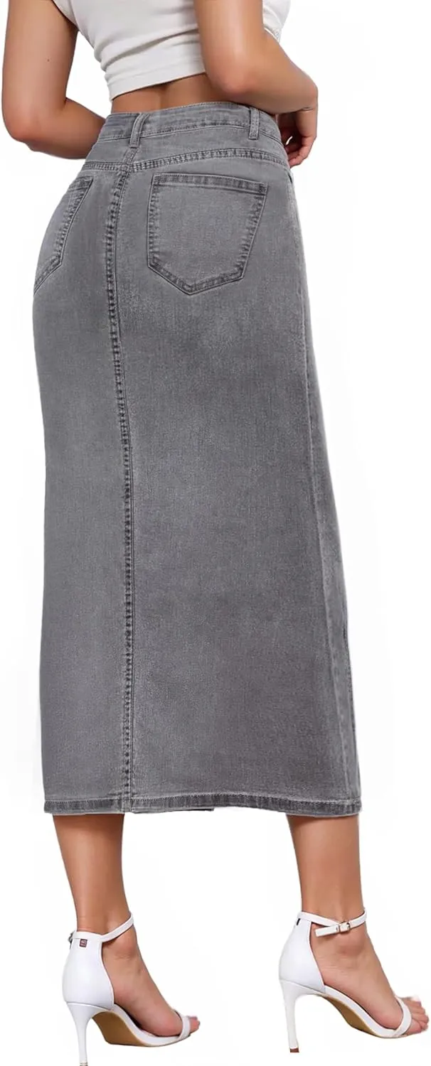 Hybrid & Company Women's Long Denim Skirt  Stretch Jean Skirt for Office and Casual Wear