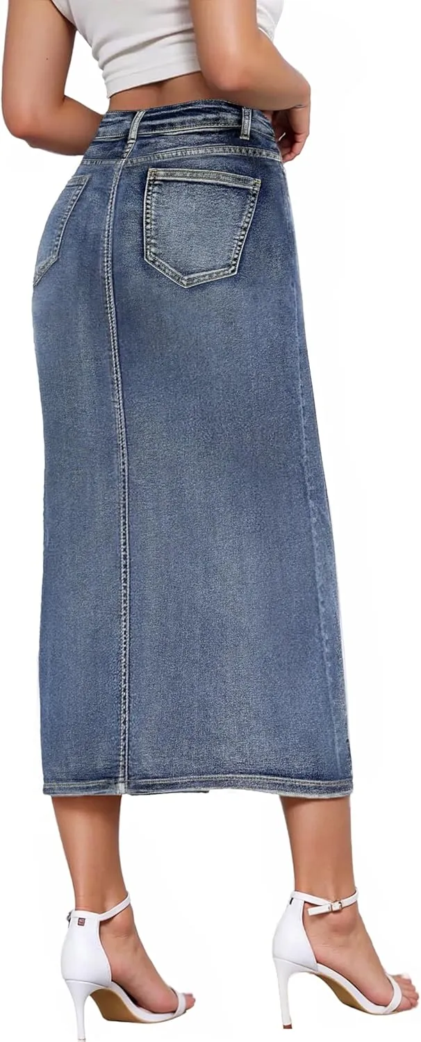 Hybrid & Company Women's Long Denim Skirt  Stretch Jean Skirt for Office and Casual Wear