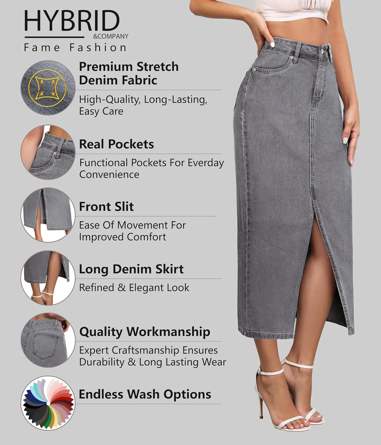Hybrid & Company Women's Long Denim Skirt  Stretch Jean Skirt for Office and Casual Wear