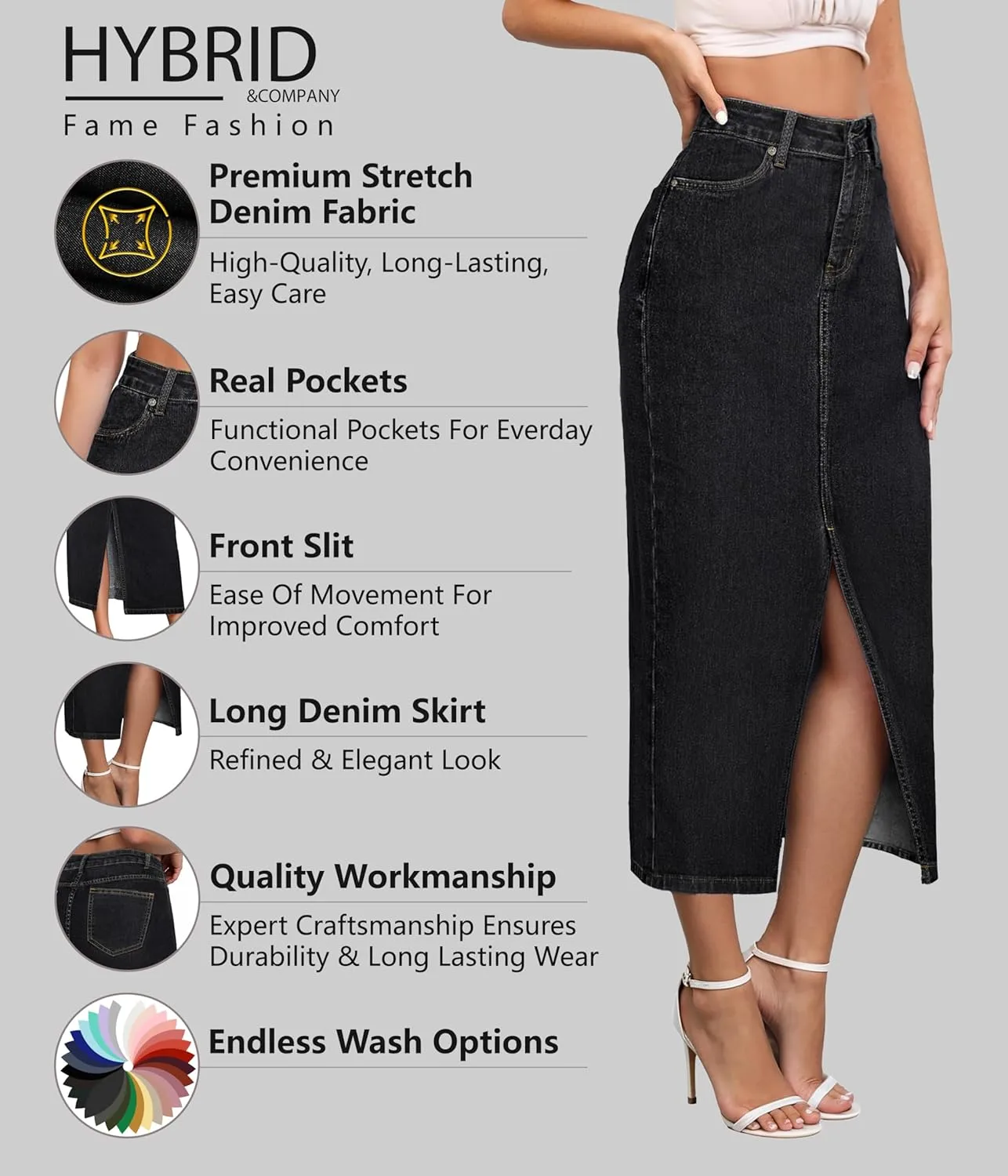 Hybrid & Company Women's Long Denim Skirt  Stretch Jean Skirt for Office and Casual Wear