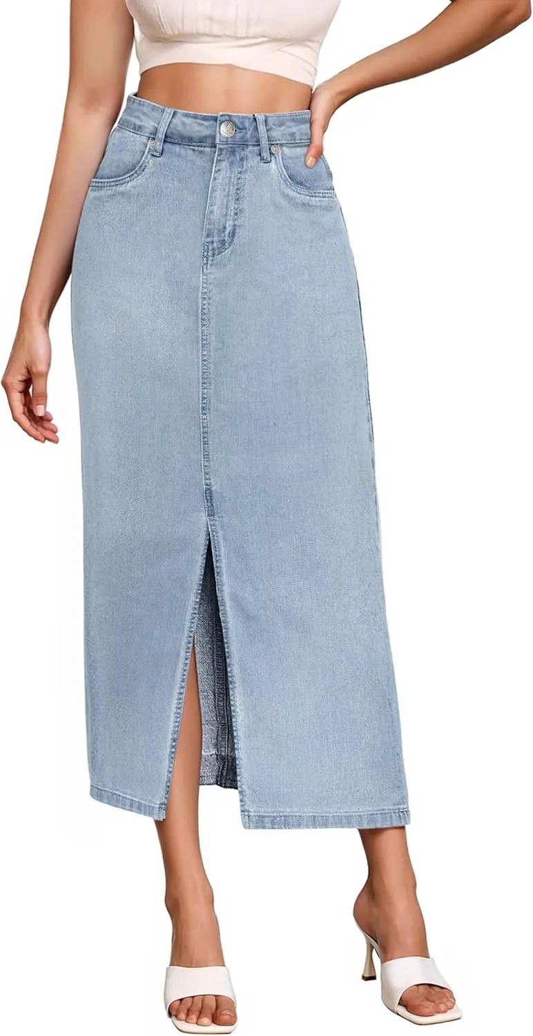 Hybrid & Company Women's Long Denim Skirt  Stretch Jean Skirt for Office and Casual Wear