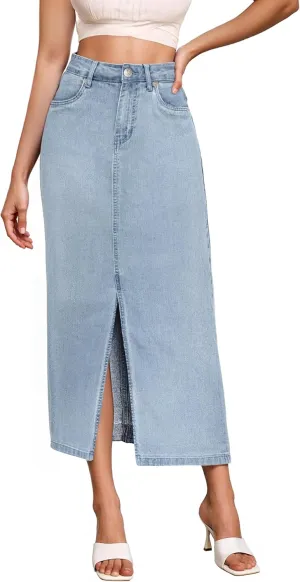 Hybrid & Company Women's Long Denim Skirt  Stretch Jean Skirt for Office and Casual Wear