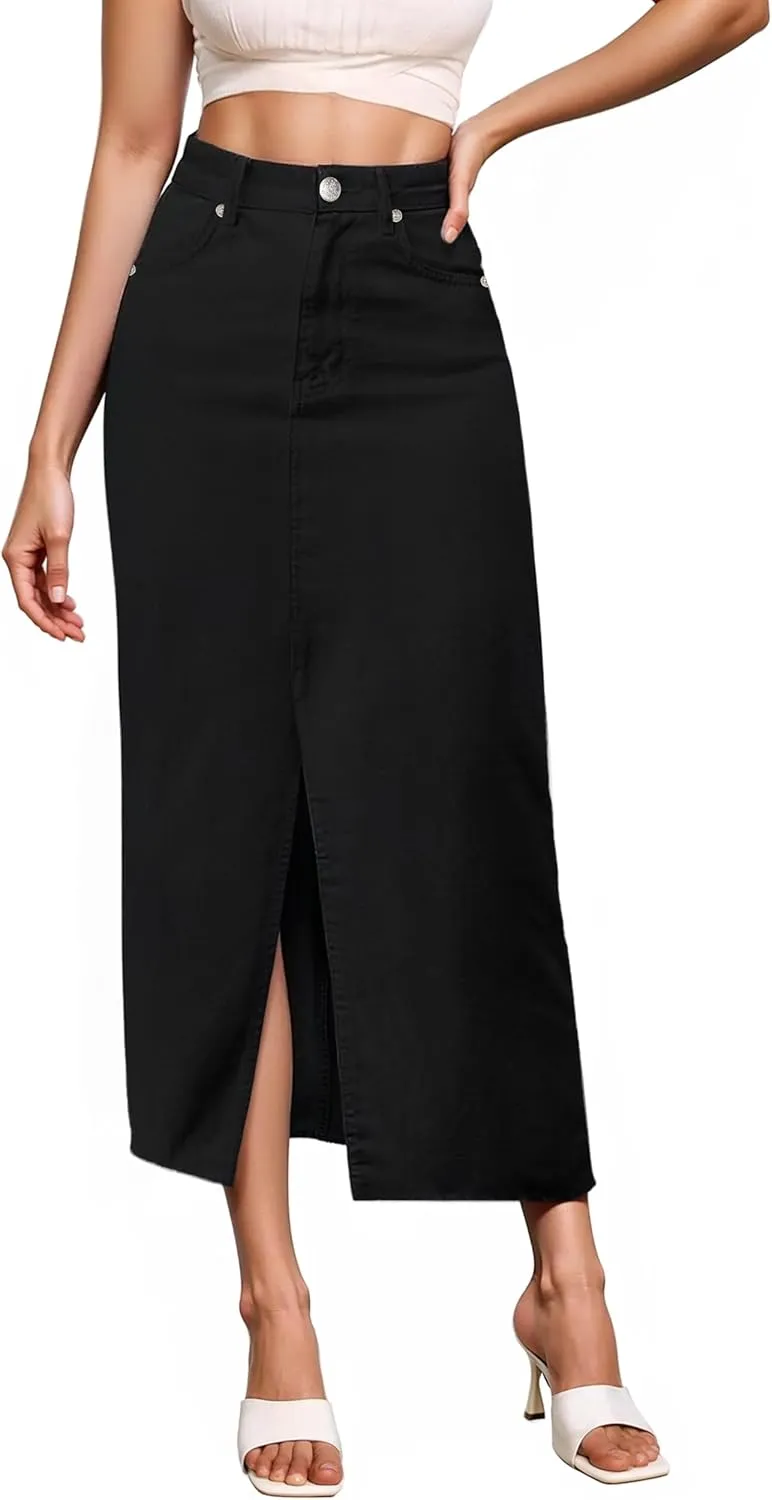 Hybrid & Company Women's Long Denim Skirt  Stretch Jean Skirt for Office and Casual Wear