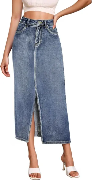 Hybrid & Company Women's Long Denim Skirt  Stretch Jean Skirt for Office and Casual Wear