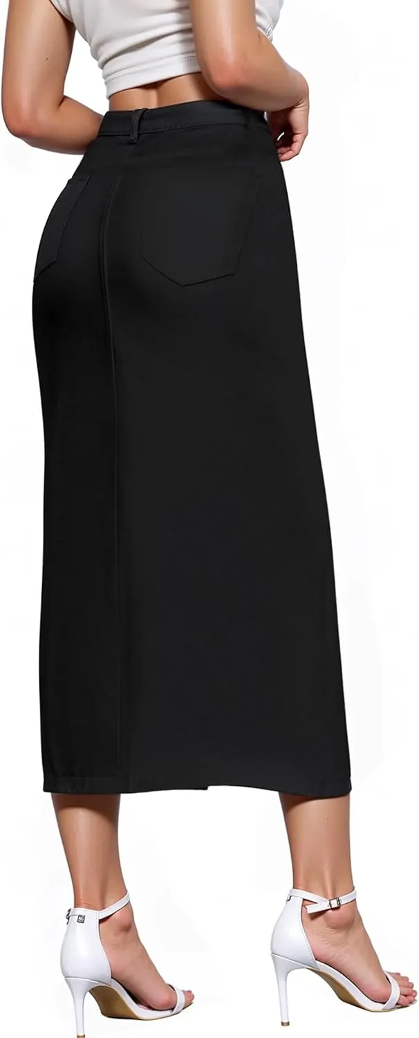 Hybrid & Company Women's Long Denim Skirt  Stretch Jean Skirt for Office and Casual Wear