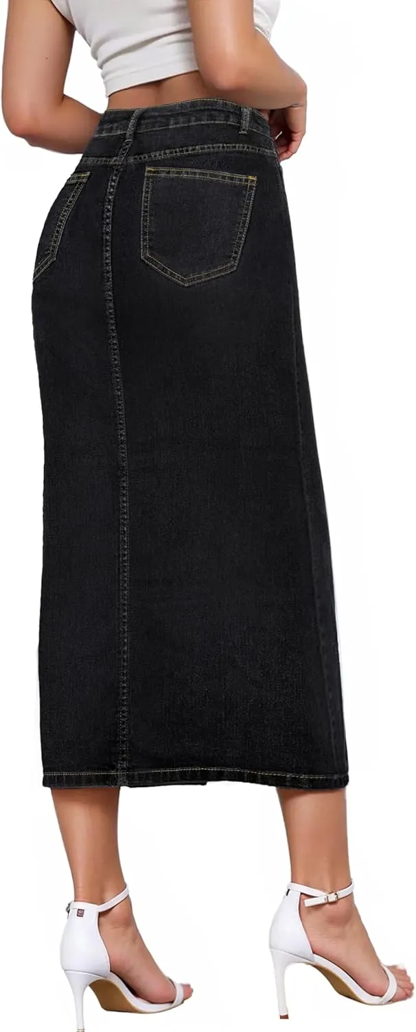 Hybrid & Company Women's Long Denim Skirt  Stretch Jean Skirt for Office and Casual Wear