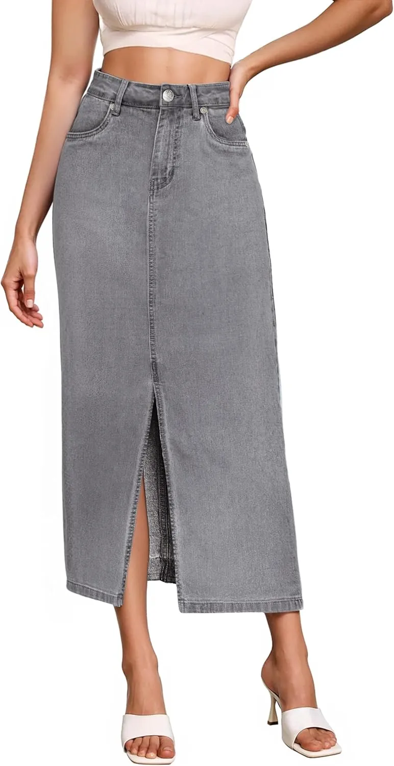 Hybrid & Company Women's Long Denim Skirt  Stretch Jean Skirt for Office and Casual Wear