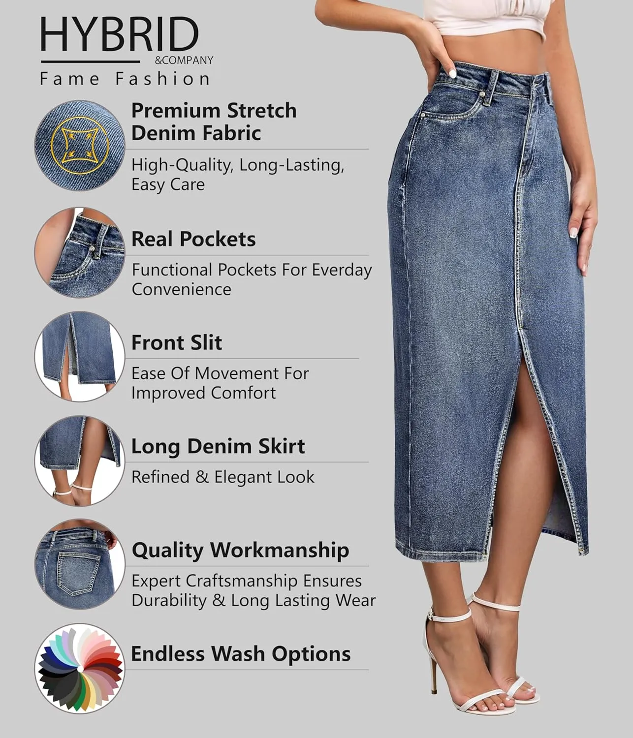 Hybrid & Company Women's Long Denim Skirt  Stretch Jean Skirt for Office and Casual Wear