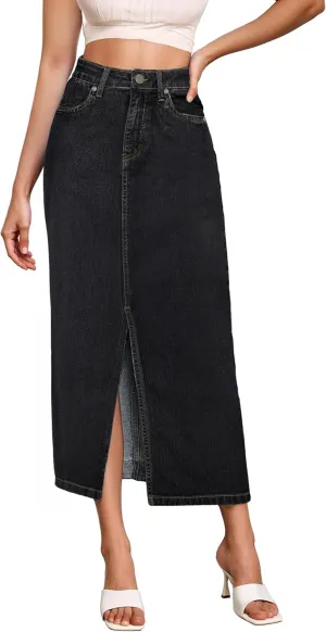 Hybrid & Company Women's Long Denim Skirt  Stretch Jean Skirt for Office and Casual Wear